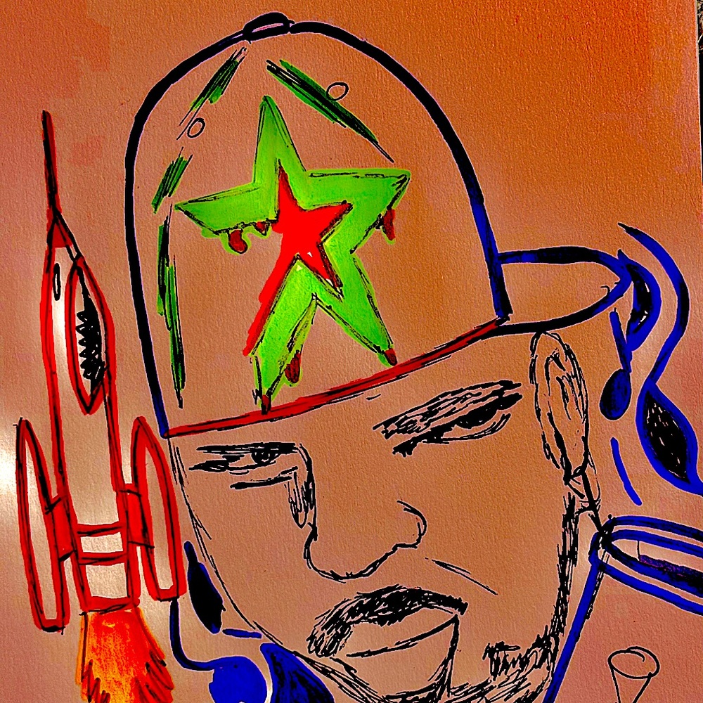 Artist rendition of DJ screw with pen and paper
The artist name 
Scott R Bonner